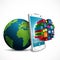 White touch screen smartphone with application icons and green Earth globe on white background