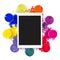 White touchpad with blank touchscreen framed by colorful powder