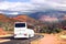 White tourists bus cornering in Sedona