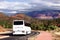 White tourists bus cornering in Sedona