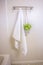 White towel and ornamental plant hanging on a wall rod inside a bathroom
