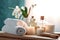 white towels, candles, and green flowers on a wooden table, in the style of light sky-blue and light brown, sensory experience