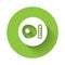 White Traditional british breakfast, fried eggs with sausage icon isolated with long shadow. Green circle button. Vector