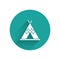 White Traditional indian teepee or wigwam icon isolated with long shadow. Indian tent. Green circle button. Vector