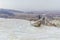 White travertine limestone mountain and terraces, with the villa