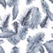 White Tropical Botanical. Indigo Seamless Botanical. Blue Pattern Textile. Gray Banana Leaves. Navy Wallpaper Design.