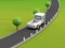 White truck on country road with trees and green grass field cartoon style 3d render