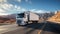 White truck driving along the highway in a mountainous landscape, on a sunny day. Long-distance transportation. Generative AI