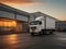 white truck parked in front of industrial logistics building at sunset. Logistics transport trucks are parked