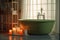 a white tub with candles and body lotions Generative AI