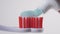 From a white tube, a man squeezes a blue toothpaste onto the red bristles of a plastic toothbrush