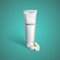 White tube mock-up for cream, tooth paste or gel with frangipani exotic flower. Vector packaging illustration
