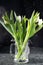 White tulips in a glass mug splashed with water