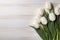 White tulips isolated on white wooden background, Ai generated