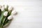 White tulips isolated on white wooden background, Ai generated