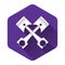 White Two crossed engine pistons icon isolated with long shadow. Purple hexagon button