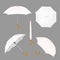 White umbrella mockup set, vector illustration isolated on white background. Realistic folded and opened parasols.