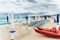 White umbrellas at La Cinta beach San Teodoro