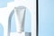 White unbranded plastic squeeze tube for cream or shampoo stands on white podium in white arch on blue background