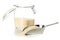 White uncooked, raw long grain rice in glass storage jar with metal scoop on white