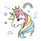 White Unicorn head vector icon for children design isolated. Head portrait horse with rainbow hair. Cute magic cartoon fantasy ani