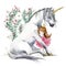 White unicorn and princess watercolor hand drawn illustration