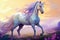 White unicorn with purple hooves, multicolored mane. Generative AI