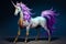 White unicorn with purple hooves, multicolored mane. Generative AI