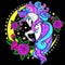 White unicorn with a rainbow mane on the moon with roses on a black background. Vector illustration