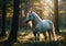 White Unicorn standing in Sunlit Forest