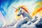 White unicorn is stepping up the stairs to reach the top of success on rainbow background. Business metaphor and success concept.