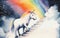 White unicorn is stepping up the stairs to reach the top of success on rainbow background. Business metaphor and success concept.