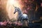 White unicorn wallpaper shows fairytale story scene in enchanted fantasy nature forest. Generative AI.