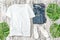 White unisex tshirt shirt mockup Fashion flatlay monstera leaves