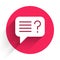 White Unknown search icon isolated with long shadow background. Magnifying glass and question mark. Red circle button