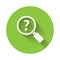 White Unknown search icon isolated with long shadow. Magnifying glass and question mark. Green circle button. Vector