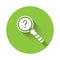 White Unknown search icon isolated with long shadow. Magnifying glass and question mark. Green circle button. Vector