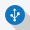 White USB trident symbol icon in blue circle.