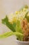 White vase with a bouquet of fragrant yellow flowers and leaves of linden and dried grass hedgehogs