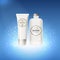 White Vector Bottle for Skin Care Ads. Elegant Cosmetic Product with Professional Lighting and Stars.