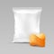 White Vertical Sealed Foil Plastic Bag for Package Design with Stack of Potato Crispy Chips Isolated on Background