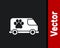 White Veterinary ambulance icon isolated on black background. Veterinary clinic symbol. Vector