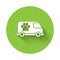 White Veterinary ambulance icon isolated with long shadow. Veterinary clinic symbol. Green circle button. Vector