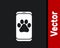 White Veterinary clinic symbol icon isolated on black background. Cross hospital sign. A stylized paw print dog or cat