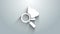 White Veterinary clinic symbol icon isolated on grey background. Magnifying glass with cat veterinary care. Pet First