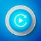 White Video play button like simple replay icon isolated on blue background. Circle blue button with white line