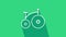 White Vintage bicycle with one big wheel and one small icon isolated on green background. Bike public transportation