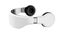 White virtual reality goggles with headphones, minimalistic modern design on white background.