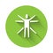 White Vitruvian Man by Leonardo Da Vinci icon isolated with long shadow. Human anatomy. Green circle button. Vector