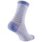 White volumetric sock with a blue heel and toe and with blue stripes, heel forward, on a white background